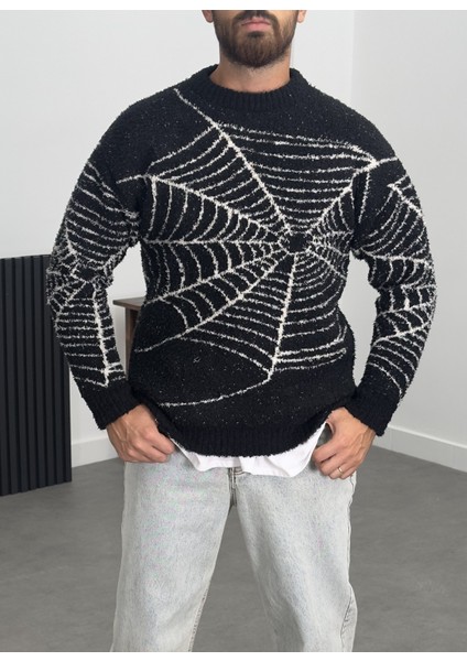 Örümcek Ağı Desenli Siyah Erkek Peluş Sweatshirt COC1200