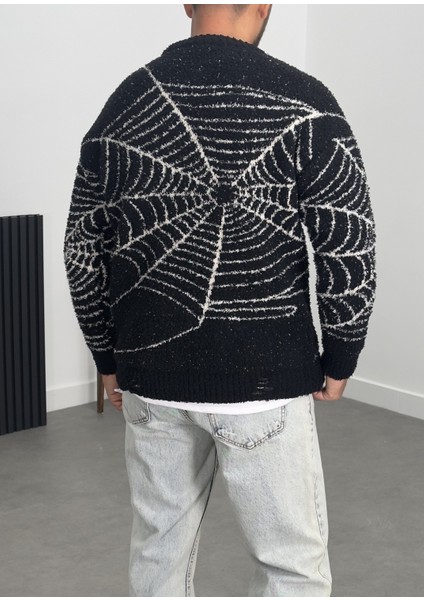 Örümcek Ağı Desenli Siyah Erkek Peluş Sweatshirt COC1200 fırsatları