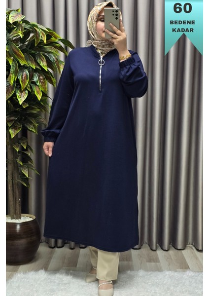 Kadın Tesettür Giyim Büyük Beden Fermuarlı Jumbo Uzun Tunik