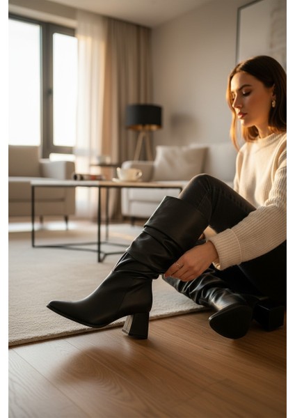 Siyah Uzun Körüklü Ince Taban Topuklu Kadın Çizme fiyatları