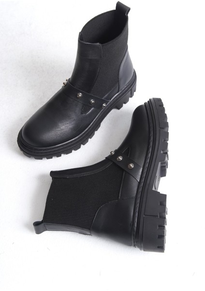 Klop Siyah Hakiki Deri Lastikli Inci Toka Detaylı Kadın Bot fiyatları