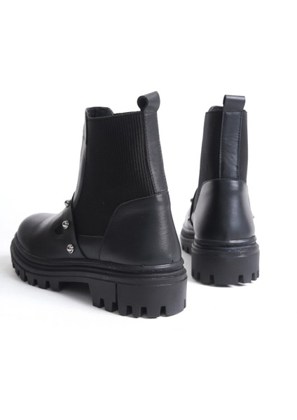 Klop Siyah Hakiki Deri Lastikli Inci Toka Detaylı Kadın Bot modelleri