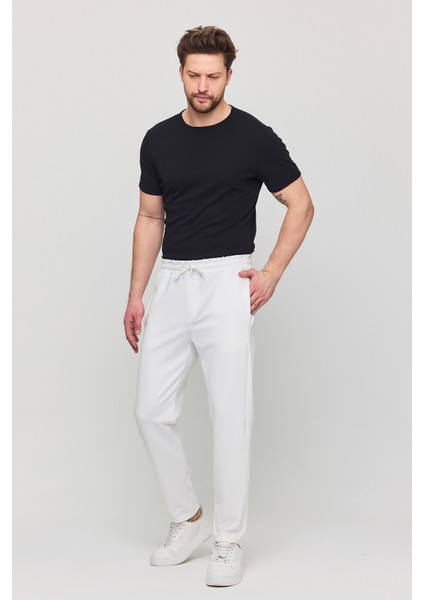 Erkek Slim Fit Beli Lastikli Ipli Fermuarlı Likralı Rahat Jogger Beyaz Erkek Pantolon