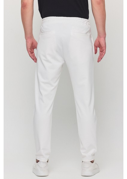 Erkek Slim Fit Beli Lastikli Ipli Fermuarlı Likralı Rahat Jogger Beyaz Erkek Pantolon