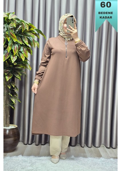 Kadın Tesettür Giyim Büyük Beden Fermuarlı Jumbo Uzun Tunik