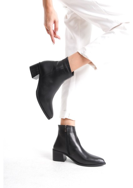 Zaha Hakiki Deri Fermuarlı Kalın Topuklu Kadın Bot