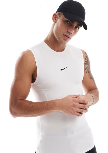 Pro Dri Fit Tight Sleeveless Fitness Training Erkek Dar Kalıp Antrenman Kolsuz Tişört Beyaz