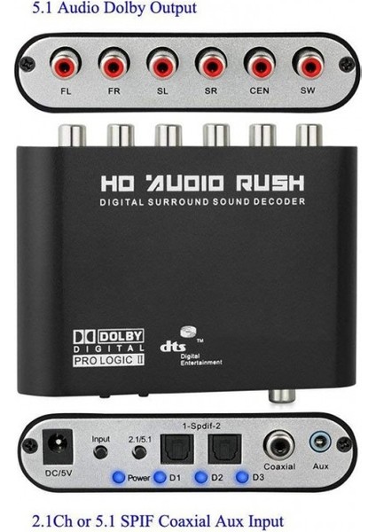 Dijital Koaksiyel Rca Hd Audio Rush Stereo 5.1 Dekoder Surround Ses Dönüştürücü fırsatları