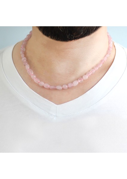 Gümüş Renk Metal Zincirli Amorf Pembe Kuvars Doğaltaş Erkek Kolye fırsatları