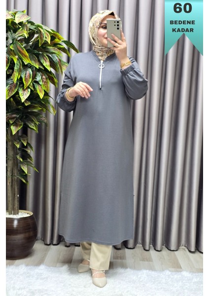 Kadın Tesettür Giyim Büyük Beden Fermuarlı Jumbo Uzun Tunik