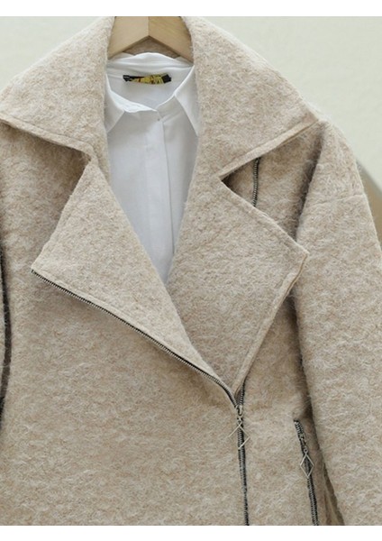 Önü ve Cebi Fermuarlı Astarlı Buklet Ceket -Bej fiyatları