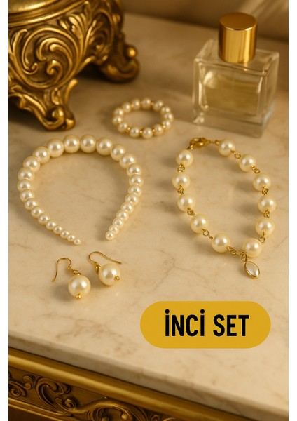 Kadın 4’lü Inci Takı Seti – Saç Bandı, Kolye, Bileklik, Küpe | Şık ve Zarif Tasarım | Özel Gün ve Günlük Kullanım Için Hediyelik