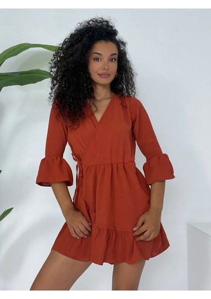 Eteği ve Kolları Fırfırlı Beli Lastikli Ayrobin Elbise -Kiremit