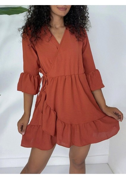 Eteği ve Kolları Fırfırlı Beli Lastikli Ayrobin Elbise -Kiremit fiyatları