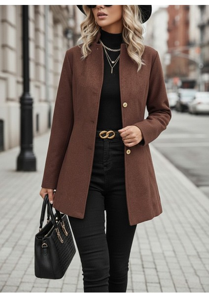 Şık Tasarım Yaka Kaşe Kahverengi Kaban