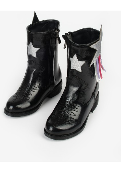 Siyah Yıldız ve Püskül Detaylı Kız Çocuk Kovboy Bot