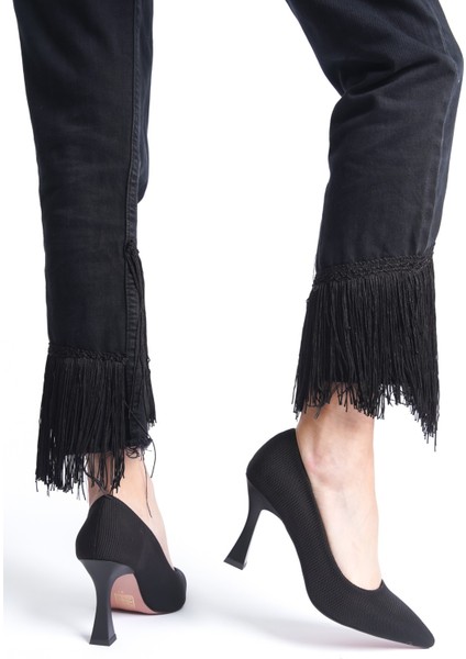 Siyah Çizgili Kadın Topuklu Ayakkabı