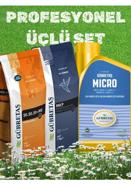 Prof. Üçlü Set Bitki Çiçek Ağaç Bakım Gübre Seti 20.20.20+Me 1 kg + Micro 1 Lt + 0.52.34 Mkp 1 kg