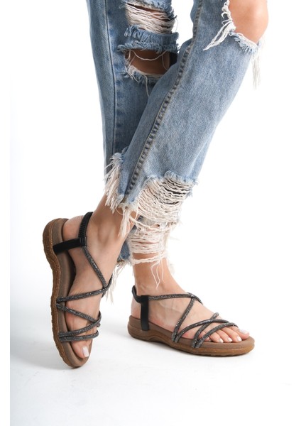 Kadın Kristal Taş Ipli Sandalet Siyah