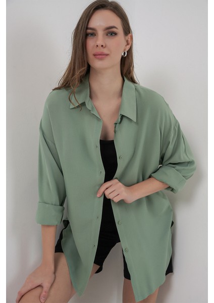 Kadın Oversize Viskon Gömlek 3785 - Çağla