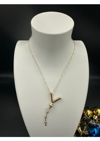 Altın Rengi Y Harfi Yıldız ve Taş Detaylı Çelik Kolye