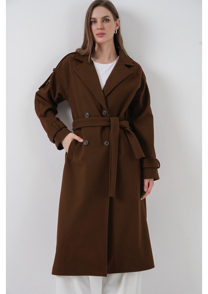 Kadın Kuşaklı Kaşe Kaban 9161 - Kahverengi