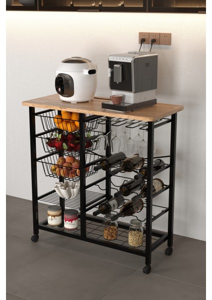 Bar Bango Masa Tekerlekli Sebzelik Metal Kahve Köşesi, Çok Amaçlı Mutfak Düzenleyici Sehpa