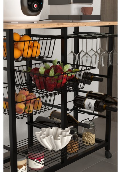 Bar Bango Masa Tekerlekli Sebzelik Metal Kahve Köşesi, Çok Amaçlı Mutfak Düzenleyici Sehpa