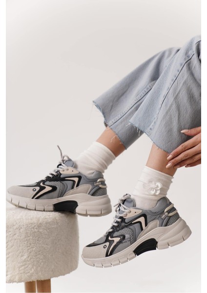 Lako Gri Siyah Fileli Kalın Taban Kadın Spor Sneaker fiyatları