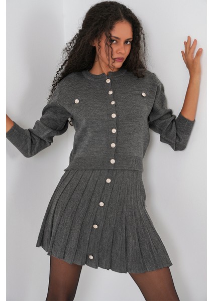 Kadın Triko Hırka Etek Ikili Takım 15942 - Antrasit