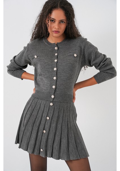 Kadın Triko Hırka Etek Ikili Takım 15942 - Antrasit modelleri