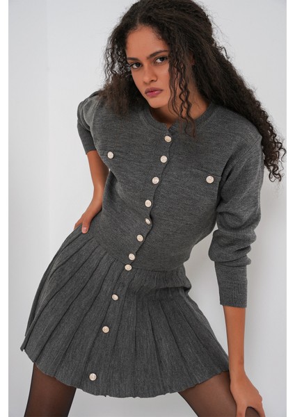 Kadın Triko Hırka Etek Ikili Takım 15942 - Antrasit fırsatları