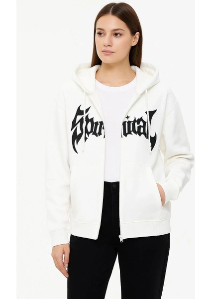 Kadın Oversize Kapüşonlu Sweatshirt Hoodie 3 Iplik Şardonlu Pamuklu Kumaş, Önü Baskılı, Fermuarlı Rahat Kalıp, Kışlık ve Sokak Stili Sweat - Beyaz modelleri