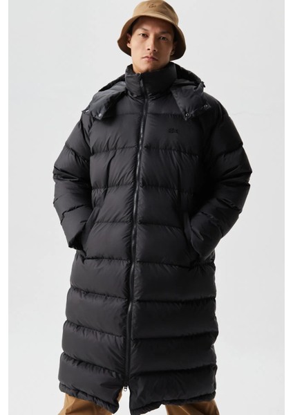 Down Fill Parka Uzun Boy Kaz Tüyü Dolgulu Çıkartılabilir Kapüşonlu Erkek Parka Siyah