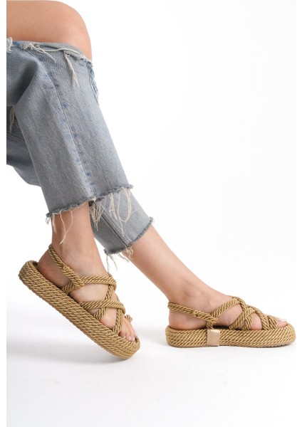 Halat Ipli Yüksek Taban Hasır Sandalet