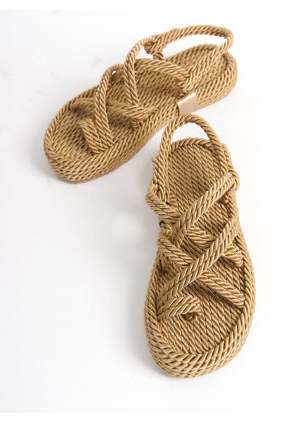 Halat Ipli Yüksek Taban Hasır Sandalet