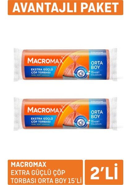 Macromax Extra Güçlü Çöp Torbası Orta Boy 2 x 15'li
