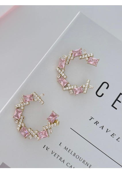 Xuping Özel Tasarım Toz Pembe Kristal Taşlı Halka Küpe