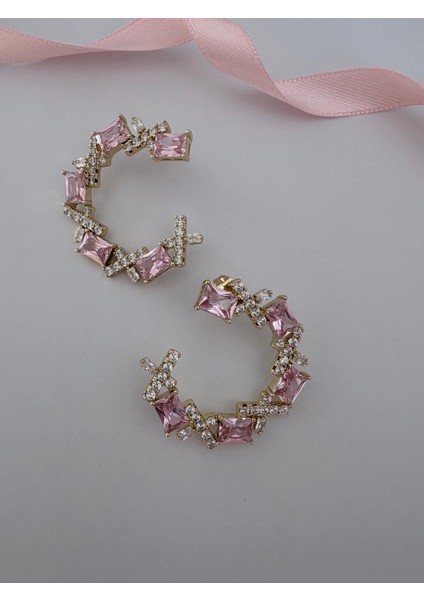 Xuping Özel Tasarım Toz Pembe Kristal Taşlı Halka Küpe fiyatları