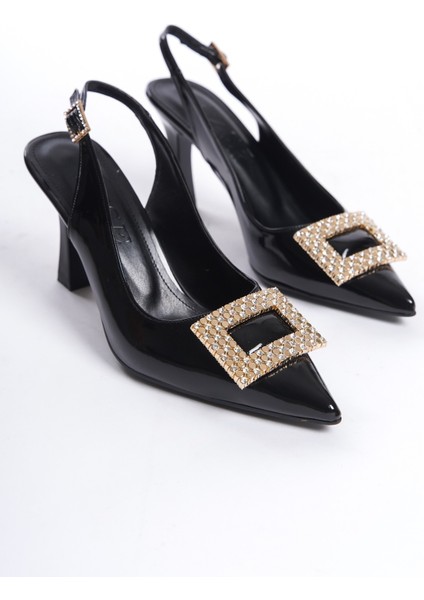 Siyah Rugan Taşlı Toka Detaylı Yüksek Topuklu Kadın Ayakkabı & Abiye Ayakkabı