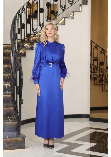 Lara Saten Abiye Elbise Saks ELB78