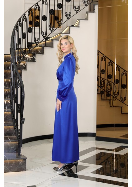 Lara Saten Abiye Elbise Saks ELB78 modelleri