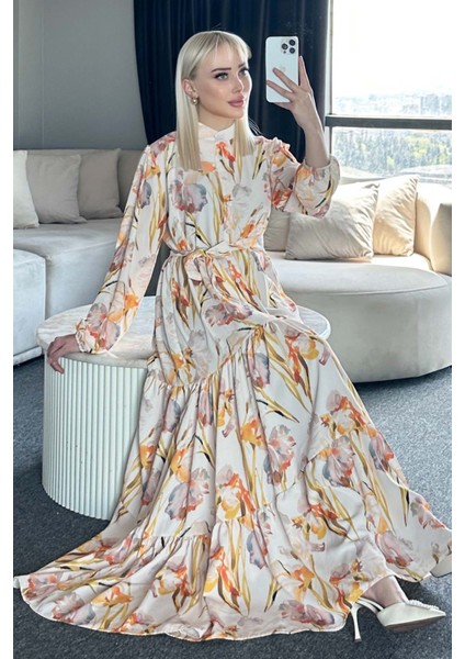 Kadın Desenli Uzun Tesettür Elbise 2586 - Sarı