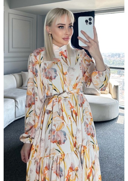 Kadın Desenli Uzun Tesettür Elbise 2586 - Sarı fiyatları