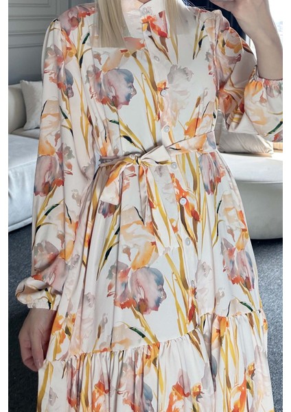 Kadın Desenli Uzun Tesettür Elbise 2586 - Sarı modelleri