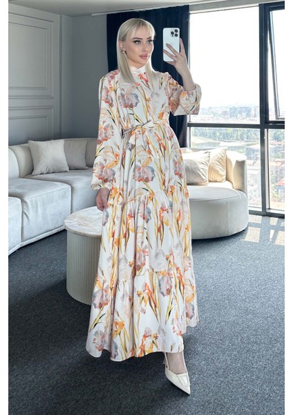 Kadın Desenli Uzun Tesettür Elbise 2586 - Sarı indirimleri