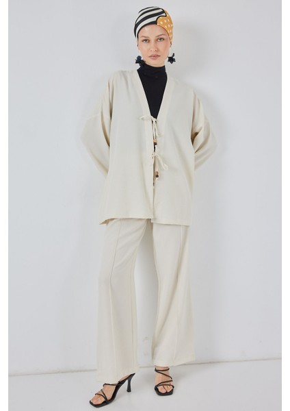Kadın Keten Kimono Ikili Takım 6727 - Ekru modelleri