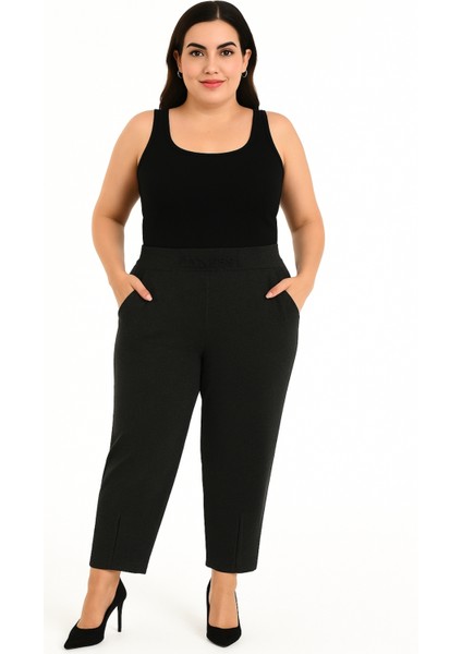 Büyük Beden Lastikli Yüksek Bel Taşlı Mom Likralı Taş Deri Detaylı Kışlık Kaşe Kadın Pantolon