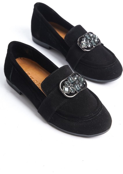 Siyah Taşlı Toka Detaylı Süet Babet