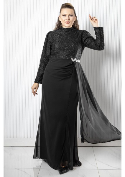 Dantel Şifon Abiye Elbise Siyah FHM958